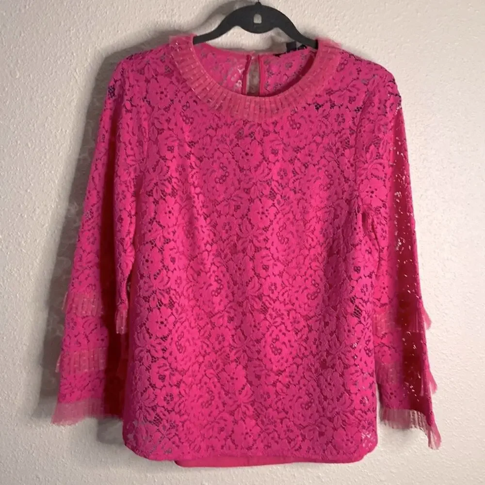 J. Crew Women Pink Lined Lace Blouse With Tulle Ruffle Detail Size M
